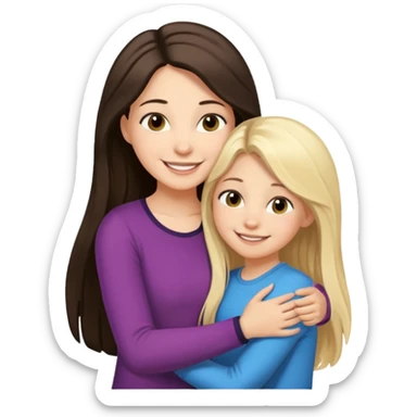 A beautiful mother with long dark brown hair hugging her cute 12yr old blonde hair daughter super happy sticker