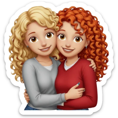 A woman with pencil straight, blonde hair and a nose piercing and a woman with curly red hair and a nose piercing are hugging and smiling together. sticker