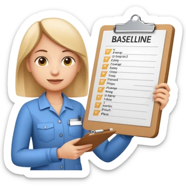 Emoji-style character holding clipboard with checklist: “1. Know baseline 2. Track 30 days 3. Play offense”, background with upward financial graph sticker