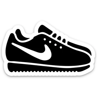 A pair of Nike Cortez sneakers in a black filled icon style, with a swoosh. sticker