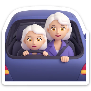 Ensure only the mother with white hair is in the car, no other person visible, keep 3D emoji style, 10% more realistic, no background. sticker