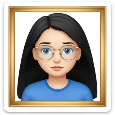 a black haired girl with blue eyes and glasses with blue shirt and long hair and gold glasses kid sticker