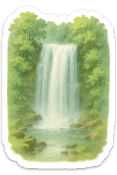 a realistic waterfall, natural colors, soft, fairy-like atmosphere, no background sticker