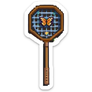 A colorful butterfly net with a wooden handle, badge style sticker