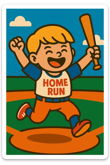 Change the boy's hair to blonde, keep the bowl cut, vibrant cartoon style, celebrating after hitting a home run in baseball, arms raised, bat in hand, joyful expression. sticker