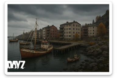 a screenshot of the game DayZ videogame, the harbor in a Norwegian port town, apartment blocks sticker