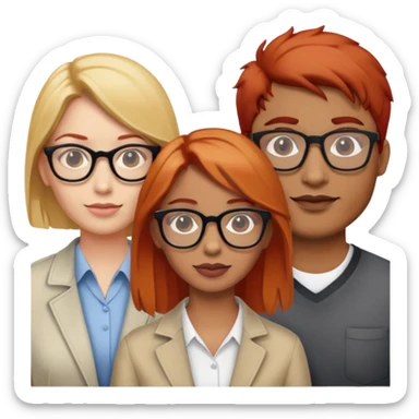 3 people one Indian male, one red haired female with glasses, one blonde haired female with glasses sticker