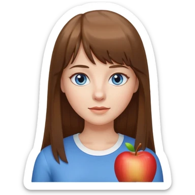 white woman with long straight brown hair and bangs, blue-grey eyes, wearing a white top, apple emoji style sticker