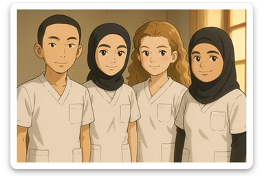 Four nursing students standing side by side indoors, each wearing a white short-sleeved uniform with a V-neck medical tunic, left chest pocket, no collar stand, no stethoscope, nothing protruding from the short sleeves, warm ambiance, no feet visible, in Ghibli style. sticker