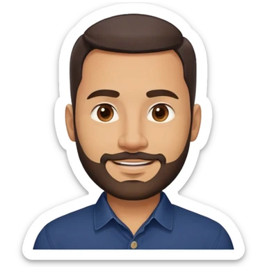 Robust warm-looking man in his early 40s with light brown skin, round face, full cheeks, medium brown eyes, thick eyebrows, wide nose, friendly smile, short neat full beard, very short dark hair, wearing a navy blue button-up shirt sticker