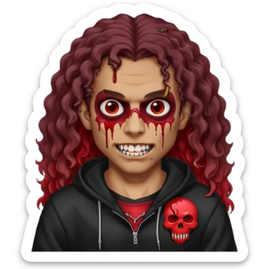 Vampire wearing black hoodie with a skull logo on it, long curly hair, brown skin, fanged teeth, blood under eye sockets/forehead, piercings on eyebrows, long curly hair with a patch (section) of red and blood on hands sticker