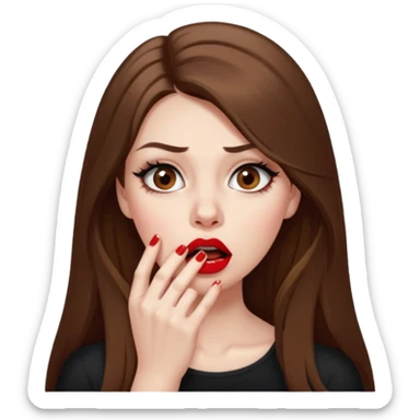 A girl with long brown hair, eyeliner, long lashes, light brown eyes, pale skin and red lipstick biting her nails with her fingers in her mouth nervously and looking scared. sticker