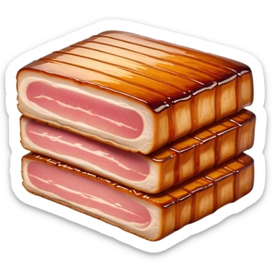 Cinematic tender pork belly, slow-roasted to perfection, crispy caramelized edges, glistening with juices, sliced into thick, rich layers, warm golden tones, luxurious and indulgent. sticker