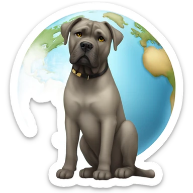 White and gold Cane Corso sitting of a globe of the earth. sticker