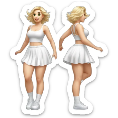 Hyperrealistic Full body Caucasian curvy beauty jumping short white skirt back and front views strong wind knickers long white socks sticker