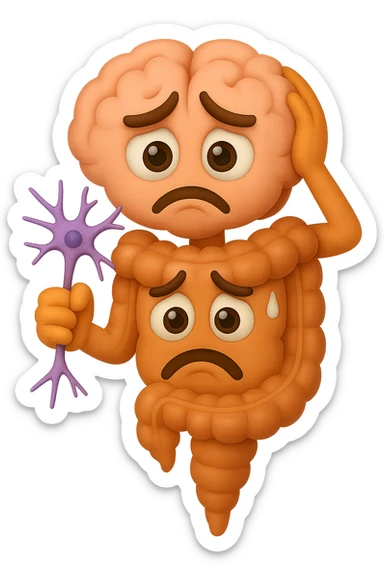 EMOJI STILE IPHONE DI UN INTESTINO collegato verticalmente ad un cervello mentre tiene in mano un neurone, espressione stressata, IPERREALISTICO 4K sticker