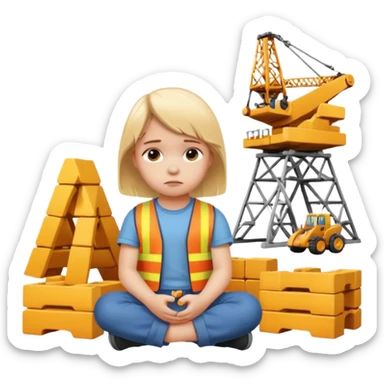 small child sitting sadly next to broken construction sets, apple style emoji sticker