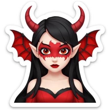demon girl, skin red , black long hair, small horns, bat wing, black open-back dress, bold black outlines, red+black palette sticker