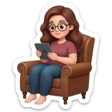 detailed emoji illustration of a curvy woman with long chestnut brown wavy hair, light brown eyes and round glasses sitting in a brown vintage armchair while reading on an e-reader tablet, cozy reading atmosphere, cute emoji style sticker
