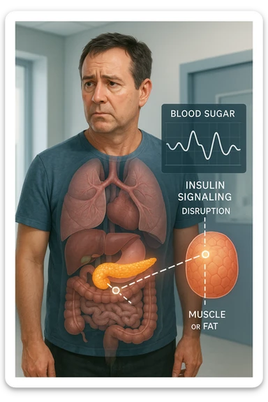 a middle-aged man stands in a clinical setting, with a semi-transparent overlay showing his internal organs. His pancreas is highlighted, and glowing lines or icons indicate disrupted insulin signaling between the pancreas and muscle or fat cells. The man’s expression is slightly concerned, and a digital chart beside him displays fluctuating blood sugar levels. The lighting is realistic, with a clean, modern medical background. in italiano sticker