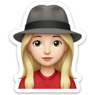 A person with long blond hair, wearing a gray fedora with a black band and a red headband underneath. sticker