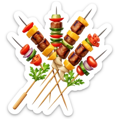Cinematic Realistic Shish Kebab Dish Emoji, showcasing skewered, grilled meat with vibrant vegetables rendered with dynamic textures and warm, inviting lighting. sticker