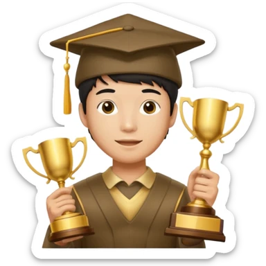 An asian man wearing student hat, holding a trophey sticker