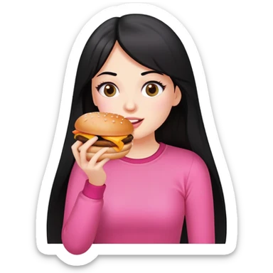 White girl in pink clothes and long black hair eating burger and pizza sticker