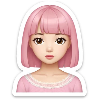 Cute East Asian girl, soft fair skin with blush on cheeks, big brown eyes with long lashes, natural pink lips, inward brown bob with straight bangs. Wearing a stylish pink knit top with ribbon details and subtle lace trim, holding a abyssinian sticker