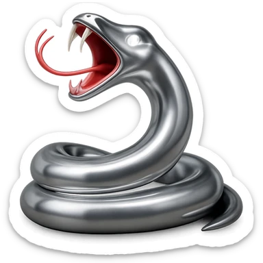 Adjust the chrome snake so the tongue is a light pink mixed with red, the fangs and teeth are white, and the eyes are glowing white. Keep the shiny metallic chrome look and the same pose. sticker