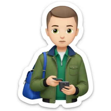 a boy looking at his phone brunnet short buzzcut green jacket blue bag black pants brunnet boy sticker