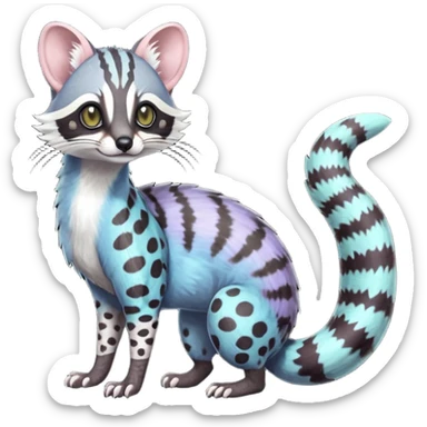 Feral Rare Fantasy iridescent scaly shaded detailed deep pastel-gradients-colored colorful Genet-Trico-Civet-Cacomistle-Margay-species by LiLaiRa, with dark-blackish points, white belly, random markings, tufted tail, tufted ears, full body sticker