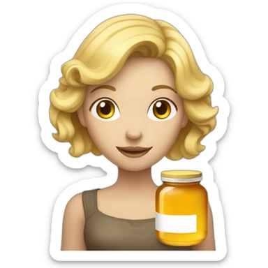 a blonde person with dust in their hair and a jar of honey in their hand sticker