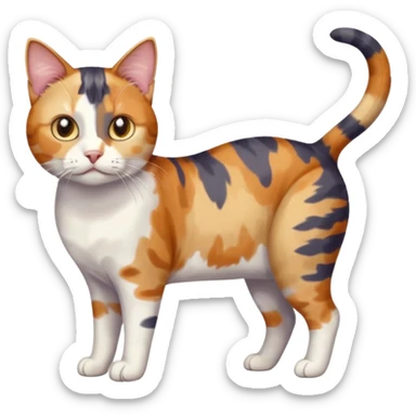 full body anxious looking colourful patchy calico tabby cat with tiny head to large body with fully white front legs sticker