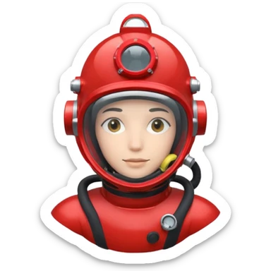 wearing a red scuba diving helmet with glass visor sticker