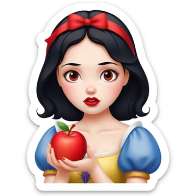 Cinematic Funny Snow White Portrait Emoji, Holding an apple with a suspicious expression, one eyebrow raised, lips pursed as if questioning her life choices, a hilariously relatable fairy tale moment! sticker