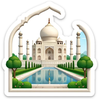 Cinematic Realistic Taj Mahal Landmark Emoji, depicted as the iconic marble mausoleum set amidst lush gardens rendered with intricate detail and ethereal, soft lighting. sticker