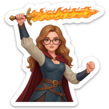 detailed emoji illustration of a woman with long light brown wavy hair and light brown eyes wearing round glasses, raising a flaming sword above her head, heroic fantasy pose, emoji style sticker