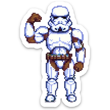storm trooper from Star Wars flexing bicep, pixel art style sticker