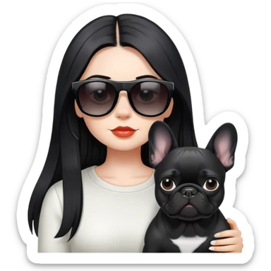 girl with long black  straight hair  and Wearing sunglasses and a black French bulldog sticker