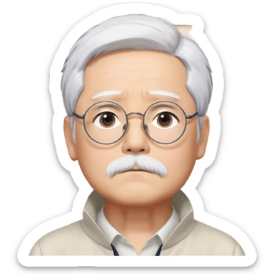 ​Cinematic Realistic Portrait of Hayao Miyazaki, depicted with striking white hair, defined black eyebrows, and large rectangular glasses, his thoughtful expression rendered in lifelike detail against a background of whimsical Studio Ghibli-inspired sketches, illuminated with soft, realistic lighting that emphasizes his creative genius, sticker
