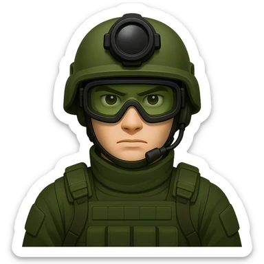 Change to a different, distinctive modern helmet design with night vision goggles, keep white-skinned male soldier, green gear, cool and brutal style, in emoji style, no background. sticker