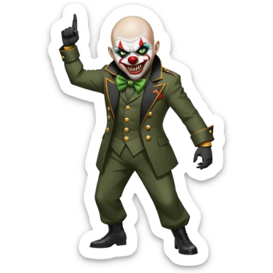 evil clown, bald, short horns from forehead, fangs, pointed ears, black and military green leisure suit, battle-ready fighting posture sticker