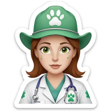 Pale Woman with brown hair and green eyes and freckles on her cheek bones wearing scrubs that have a paw print logo on only the scrubs  and a cow girl hat sticker