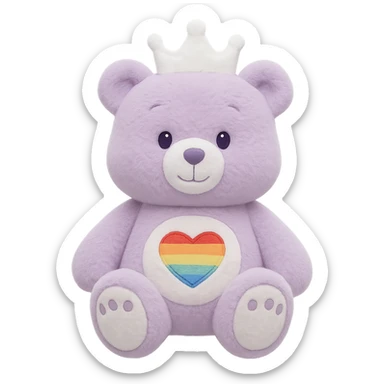Change the crown to white on the purple and white teddy bear with a heart-shaped rainbow patch. Keep it soft and plush with no shadows and flat lighting. Remove the background. sticker