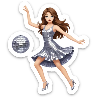 Girl with long brown hair  white girl dancing like nobody’s watching, elegant quirky  discoball in background  sticker