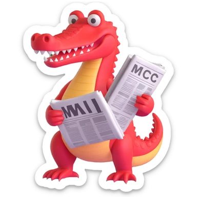 red crocodile holding a newspaper, simple and clear sticker
