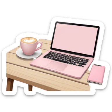 Cozy coffee shop scene with pastel pink laptop, beige notebook, and latte on wooden table sticker