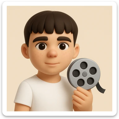 Create a 3D emoji style image of this person, slimmer build, wearing a white shirt, holding a cinema symbol such as a film reel or clapperboard. The style should emulate the microsoft style 3d fluent emojis with a focus on 3D emoji characteristics. sticker