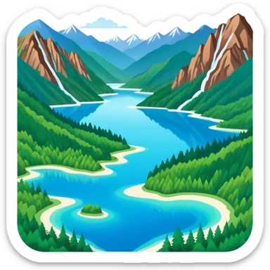 Jiuzhaigou Valley colorful lakes, simplified emoji style with bold outlines and bright colors, cartoon style blue water with mountains sticker